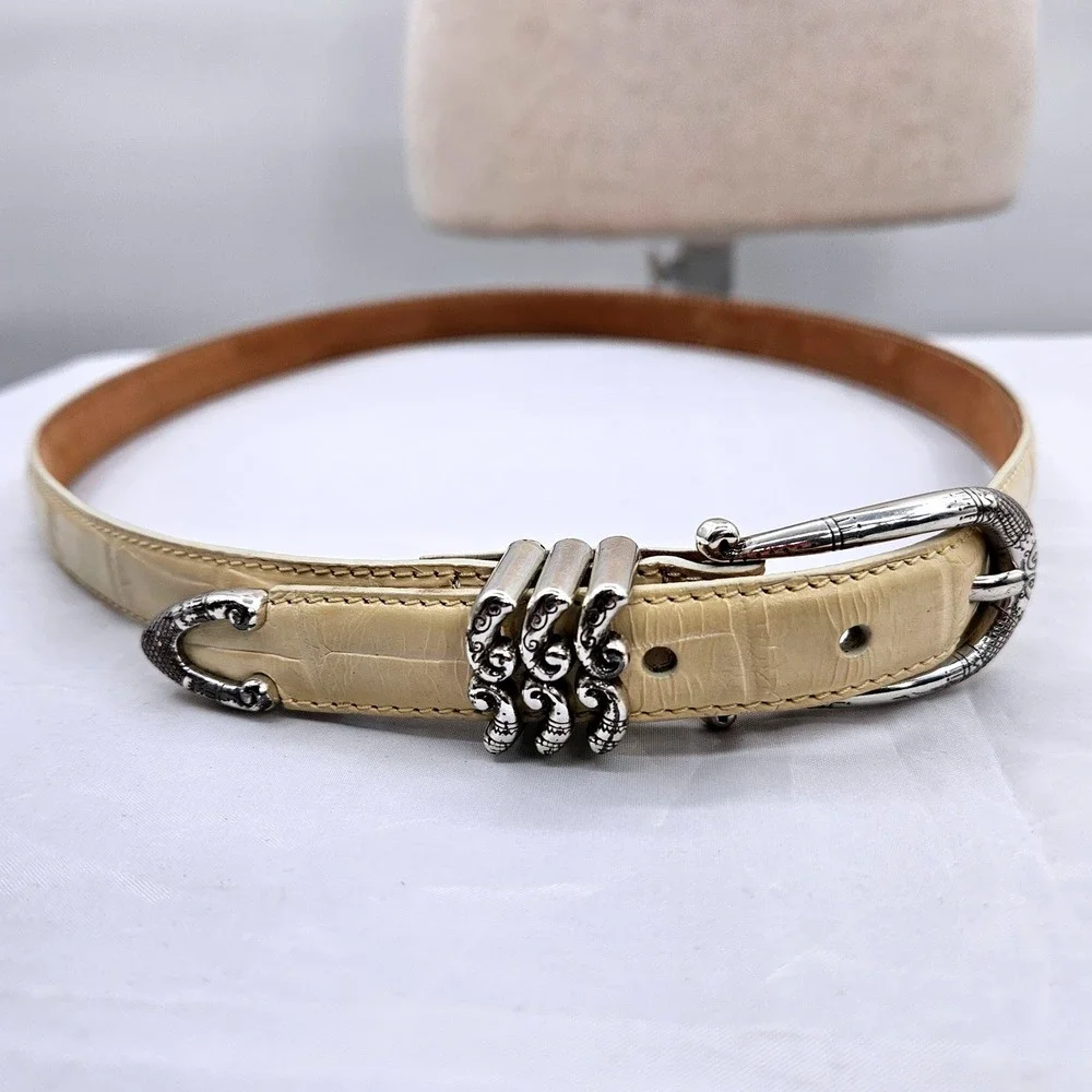 Brighton Cream Croc Embossed Leather Skinny Belt Silver Hardware 32 B10402